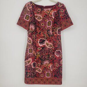 Talbots Paisley Floral Shift Dress 8 Short Sleeves Ponte Knit Red Pink